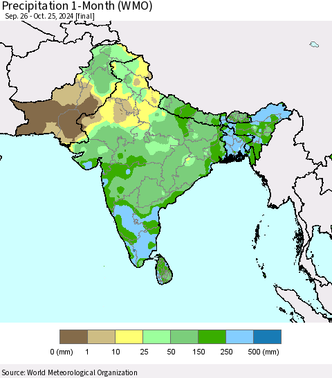 Southern Asia Precipitation 1-Month (WMO) Thematic Map For 9/26/2024 - 10/25/2024