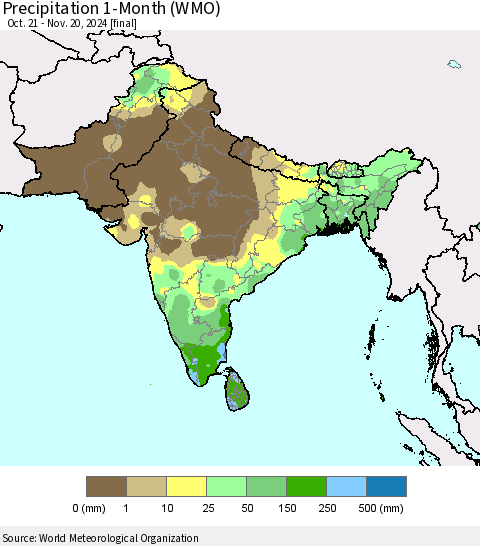 Southern Asia Precipitation 1-Month (WMO) Thematic Map For 10/21/2024 - 11/20/2024