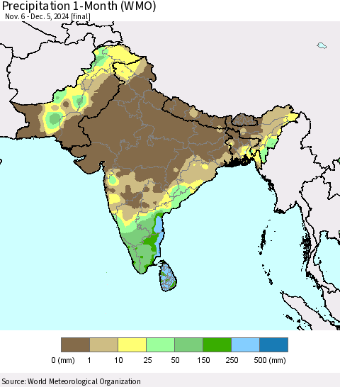 Southern Asia Precipitation 1-Month (WMO) Thematic Map For 11/6/2024 - 12/5/2024
