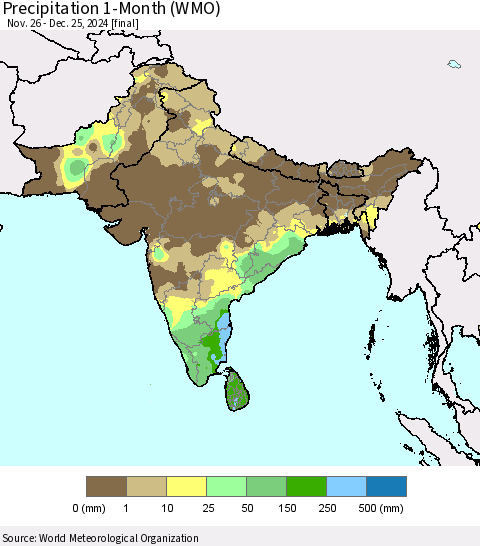 Southern Asia Precipitation 1-Month (WMO) Thematic Map For 11/26/2024 - 12/25/2024