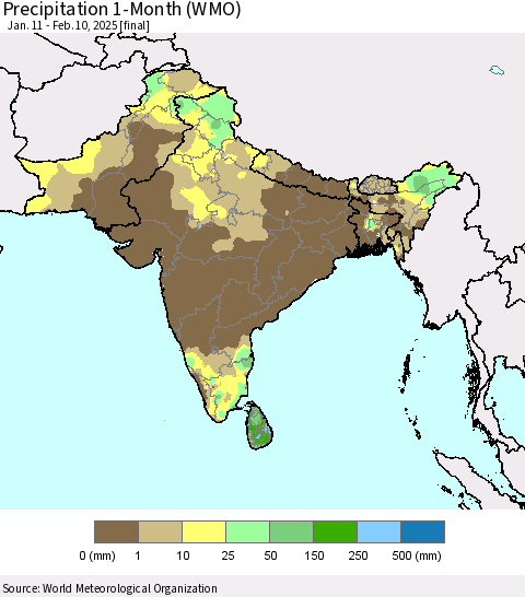 Southern Asia Precipitation 1-Month (WMO) Thematic Map For 1/11/2025 - 2/10/2025
