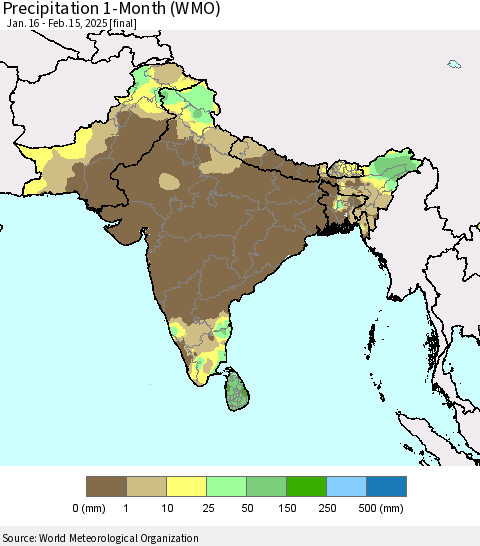 Southern Asia Precipitation 1-Month (WMO) Thematic Map For 1/16/2025 - 2/15/2025
