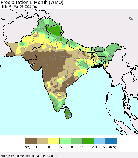 Southern Asia Precipitation 1-Month (WMO) Thematic Map For 2/26/2025 - 3/25/2025
