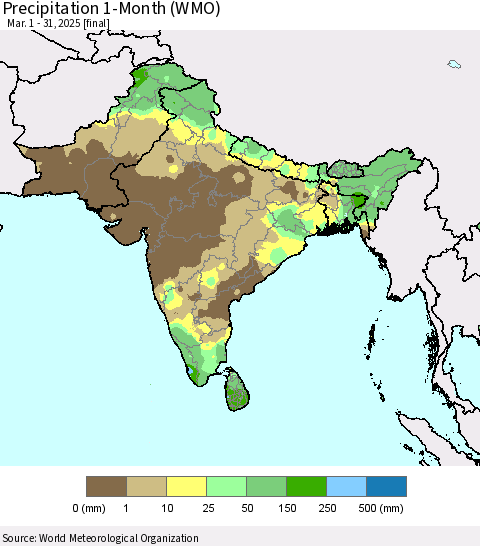 Southern Asia Precipitation 1-Month (WMO) Thematic Map For 3/1/2025 - 3/31/2025
