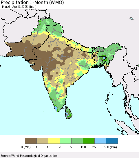 Southern Asia Precipitation 1-Month (WMO) Thematic Map For 3/6/2025 - 4/5/2025