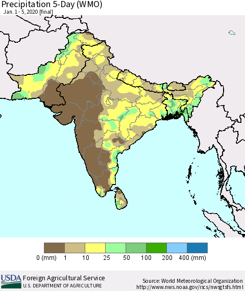 Southern Asia Precipitation 5-Day (WMO) Thematic Map For 1/1/2020 - 1/5/2020