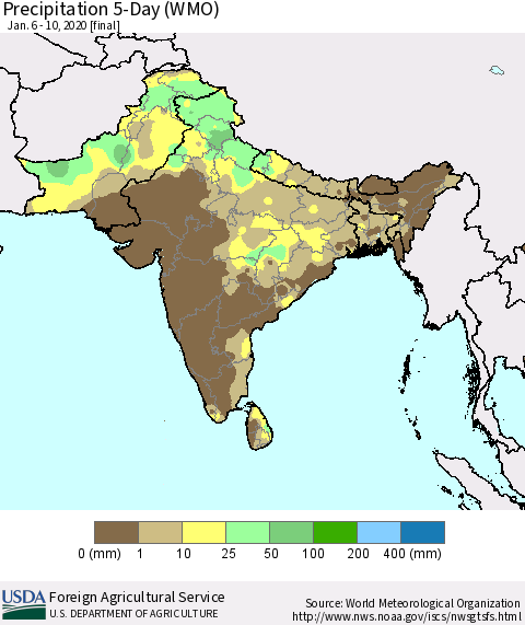 Southern Asia Precipitation 5-Day (WMO) Thematic Map For 1/6/2020 - 1/10/2020