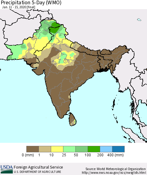 Southern Asia Precipitation 5-Day (WMO) Thematic Map For 1/11/2020 - 1/15/2020