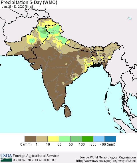 Southern Asia Precipitation 5-Day (WMO) Thematic Map For 1/26/2020 - 1/31/2020