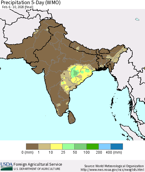 Southern Asia Precipitation 5-Day (WMO) Thematic Map For 2/6/2020 - 2/10/2020