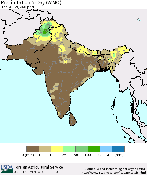 Southern Asia Precipitation 5-Day (WMO) Thematic Map For 2/26/2020 - 2/29/2020