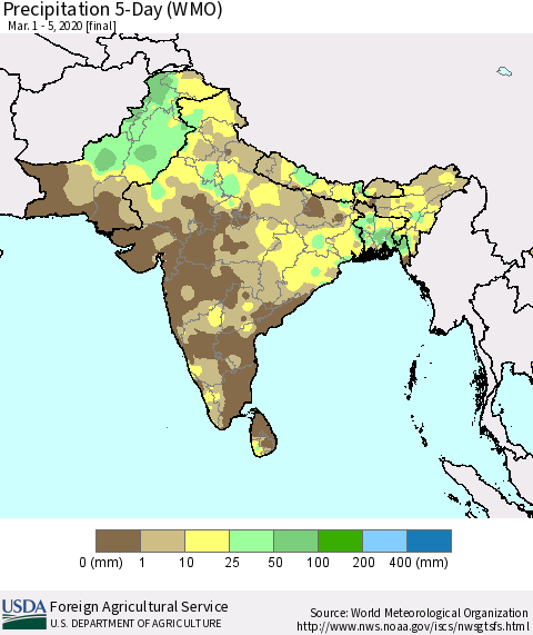Southern Asia Precipitation 5-Day (WMO) Thematic Map For 3/1/2020 - 3/5/2020