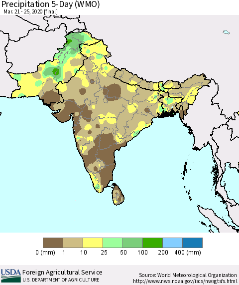 Southern Asia Precipitation 5-Day (WMO) Thematic Map For 3/21/2020 - 3/25/2020