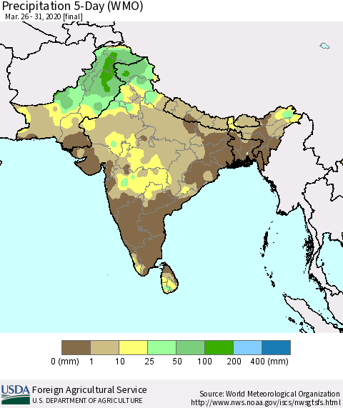 Southern Asia Precipitation 5-Day (WMO) Thematic Map For 3/26/2020 - 3/31/2020