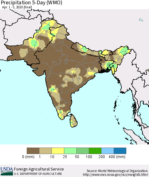 Southern Asia Precipitation 5-Day (WMO) Thematic Map For 4/1/2020 - 4/5/2020