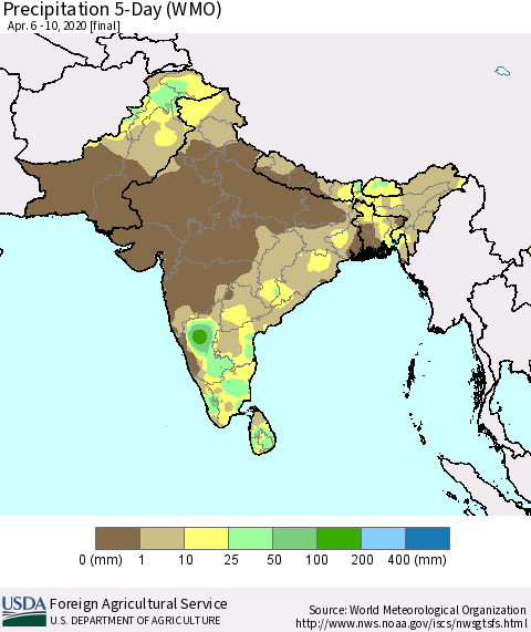 Southern Asia Precipitation 5-Day (WMO) Thematic Map For 4/6/2020 - 4/10/2020