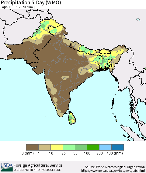 Southern Asia Precipitation 5-Day (WMO) Thematic Map For 4/11/2020 - 4/15/2020
