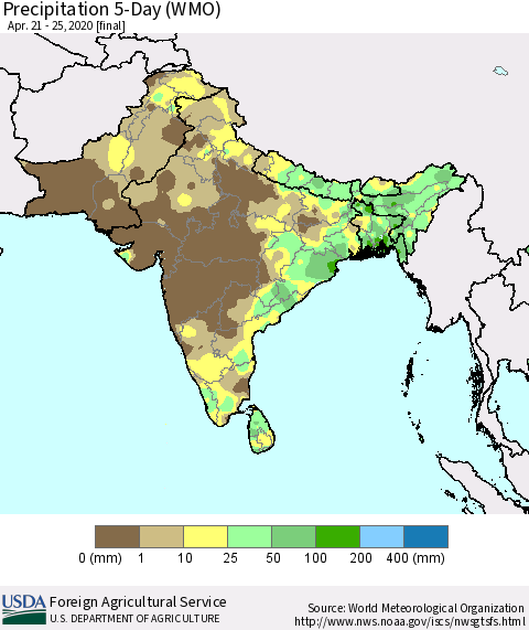 Southern Asia Precipitation 5-Day (WMO) Thematic Map For 4/21/2020 - 4/25/2020