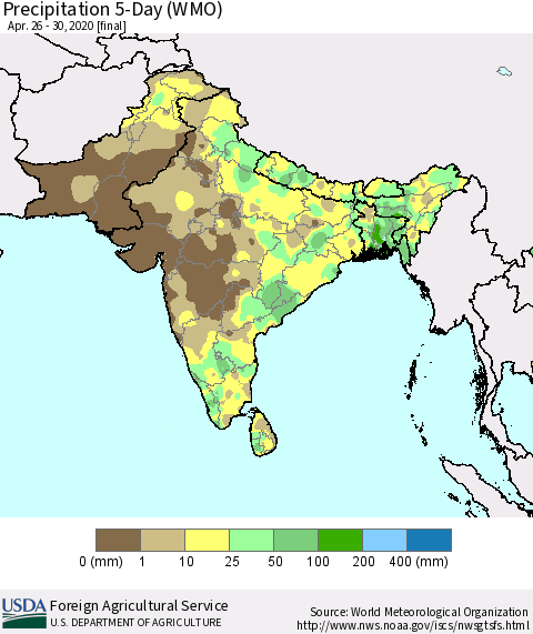 Southern Asia Precipitation 5-Day (WMO) Thematic Map For 4/26/2020 - 4/30/2020