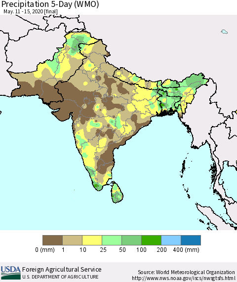 Southern Asia Precipitation 5-Day (WMO) Thematic Map For 5/11/2020 - 5/15/2020