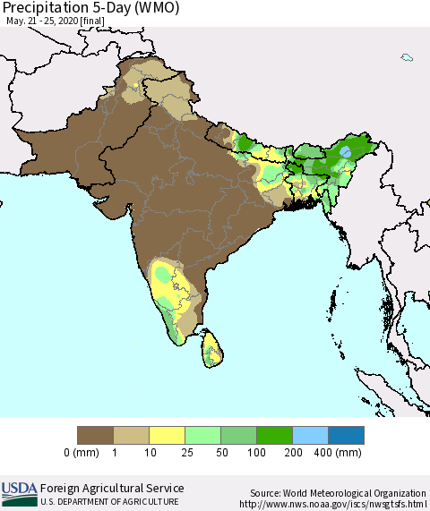 Southern Asia Precipitation 5-Day (WMO) Thematic Map For 5/21/2020 - 5/25/2020