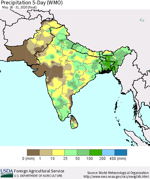 Southern Asia Precipitation 5-Day (WMO) Thematic Map For 5/26/2020 - 5/31/2020