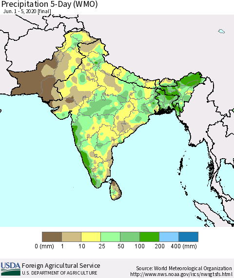 Southern Asia Precipitation 5-Day (WMO) Thematic Map For 6/1/2020 - 6/5/2020