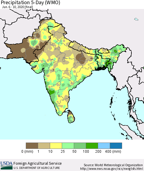 Southern Asia Precipitation 5-Day (WMO) Thematic Map For 6/6/2020 - 6/10/2020
