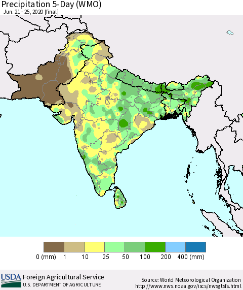 Southern Asia Precipitation 5-Day (WMO) Thematic Map For 6/21/2020 - 6/25/2020