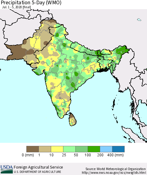 Southern Asia Precipitation 5-Day (WMO) Thematic Map For 7/1/2020 - 7/5/2020