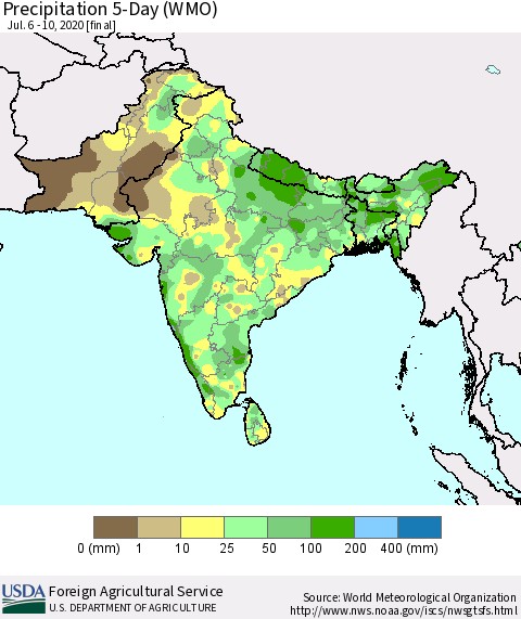 Southern Asia Precipitation 5-Day (WMO) Thematic Map For 7/6/2020 - 7/10/2020