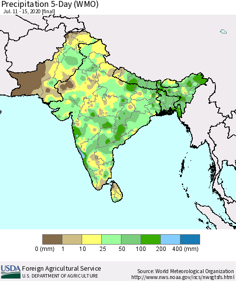 Southern Asia Precipitation 5-Day (WMO) Thematic Map For 7/11/2020 - 7/15/2020
