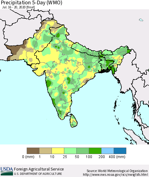 Southern Asia Precipitation 5-Day (WMO) Thematic Map For 7/16/2020 - 7/20/2020