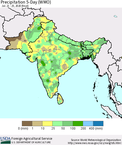 Southern Asia Precipitation 5-Day (WMO) Thematic Map For 7/21/2020 - 7/25/2020