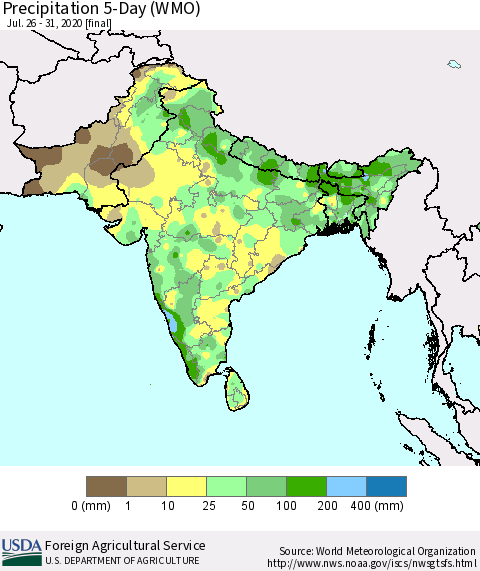 Southern Asia Precipitation 5-Day (WMO) Thematic Map For 7/26/2020 - 7/31/2020