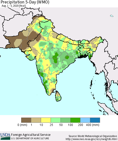 Southern Asia Precipitation 5-Day (WMO) Thematic Map For 8/1/2020 - 8/5/2020