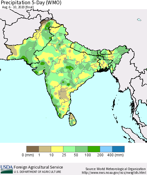 Southern Asia Precipitation 5-Day (WMO) Thematic Map For 8/6/2020 - 8/10/2020