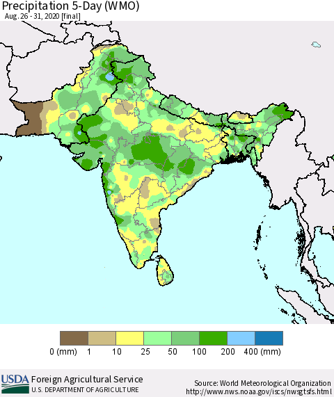 Southern Asia Precipitation 5-Day (WMO) Thematic Map For 8/26/2020 - 8/31/2020