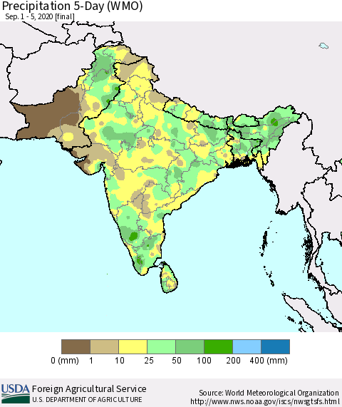 Southern Asia Precipitation 5-Day (WMO) Thematic Map For 9/1/2020 - 9/5/2020