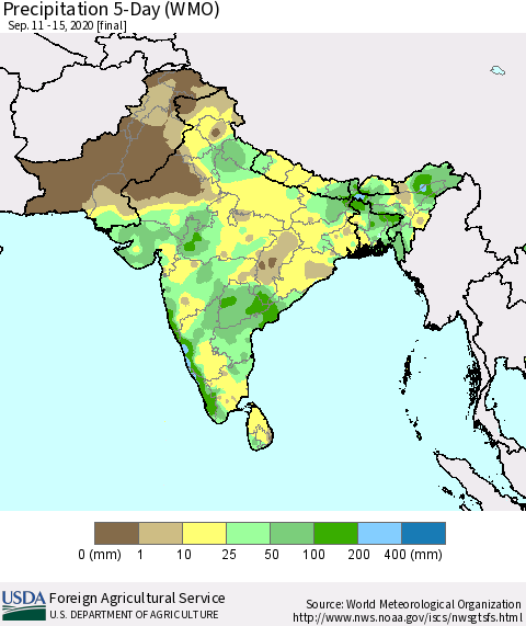 Southern Asia Precipitation 5-Day (WMO) Thematic Map For 9/11/2020 - 9/15/2020