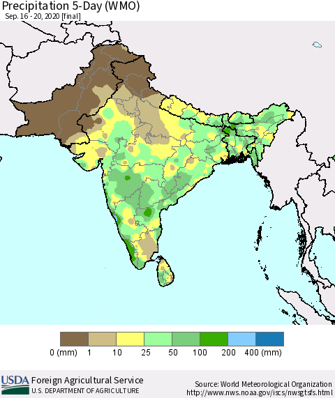 Southern Asia Precipitation 5-Day (WMO) Thematic Map For 9/16/2020 - 9/20/2020