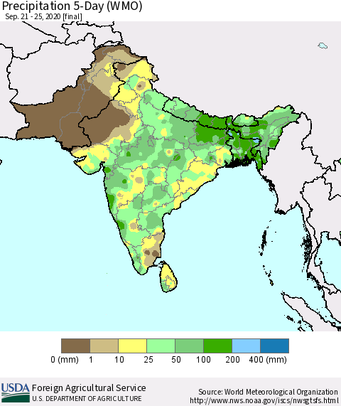Southern Asia Precipitation 5-Day (WMO) Thematic Map For 9/21/2020 - 9/25/2020