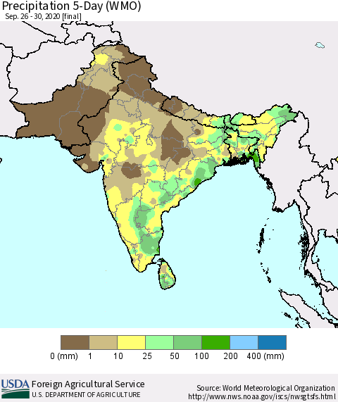 Southern Asia Precipitation 5-Day (WMO) Thematic Map For 9/26/2020 - 9/30/2020