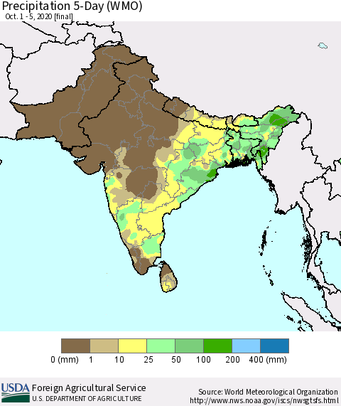Southern Asia Precipitation 5-Day (WMO) Thematic Map For 10/1/2020 - 10/5/2020