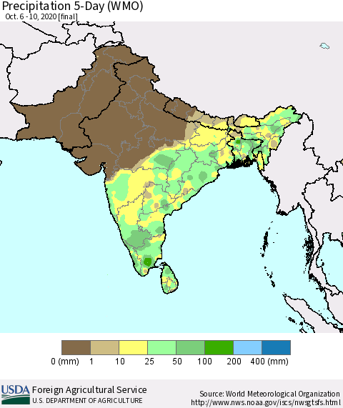 Southern Asia Precipitation 5-Day (WMO) Thematic Map For 10/6/2020 - 10/10/2020