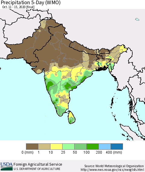 Southern Asia Precipitation 5-Day (WMO) Thematic Map For 10/11/2020 - 10/15/2020