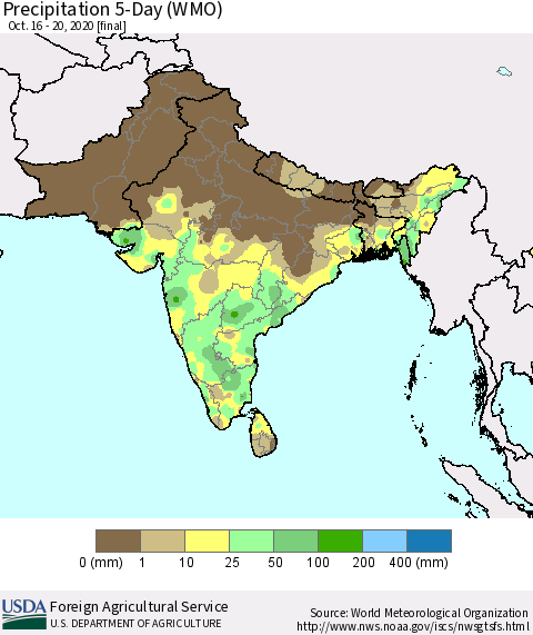 Southern Asia Precipitation 5-Day (WMO) Thematic Map For 10/16/2020 - 10/20/2020