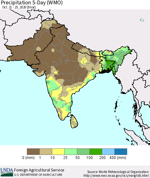 Southern Asia Precipitation 5-Day (WMO) Thematic Map For 10/21/2020 - 10/25/2020