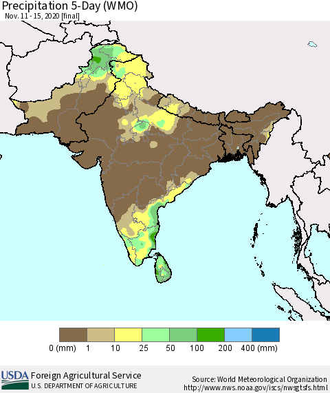 Southern Asia Precipitation 5-Day (WMO) Thematic Map For 11/11/2020 - 11/15/2020