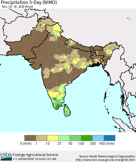 Southern Asia Precipitation 5-Day (WMO) Thematic Map For 11/16/2020 - 11/20/2020